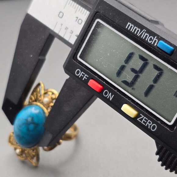 VTG Victorian Revival Turquoise & Faux Seed Pearls Filigree Ring Sz 9 Adjustable - Picture 10 of 10